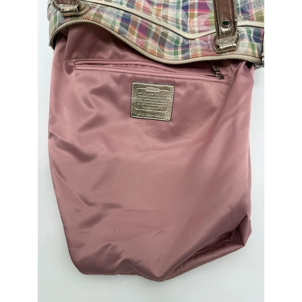 Coach 19611 Madras Signature Sequin Shoulder Tote Bag Pink Pastel Plaid Purse